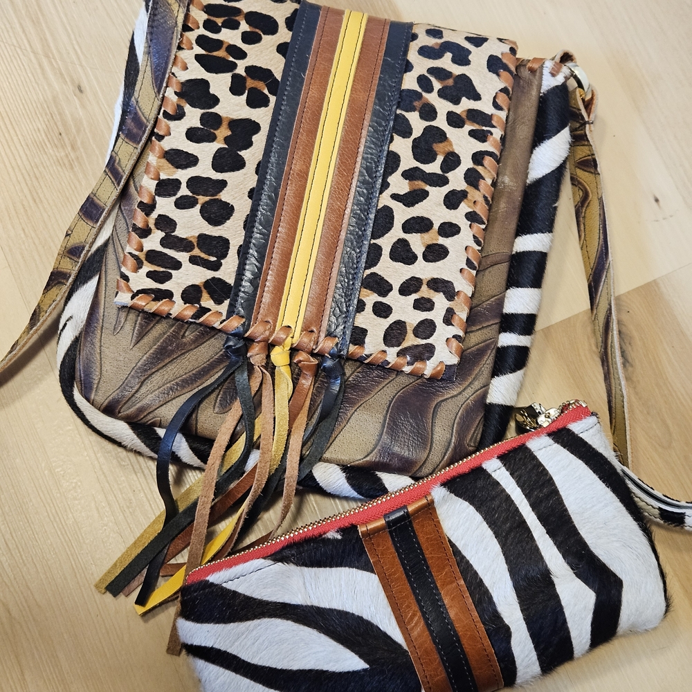 Kurtmen Safari Series - Leopard & Zebra Cowhide, Crossbody Bag And Catchall Set